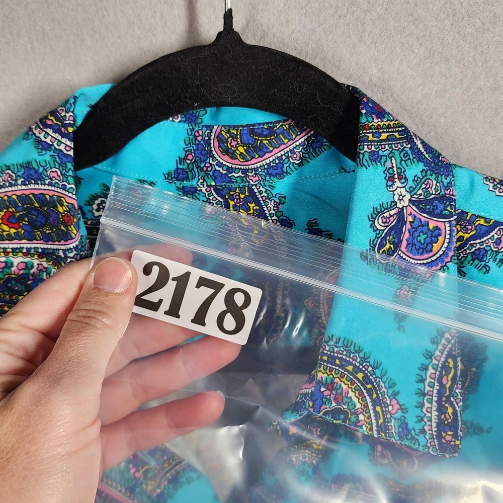 Talbots Turquoise Paisley Shirt Womens 10 12 Button Front Long Sleeve Stretch - Picture 8 of 10